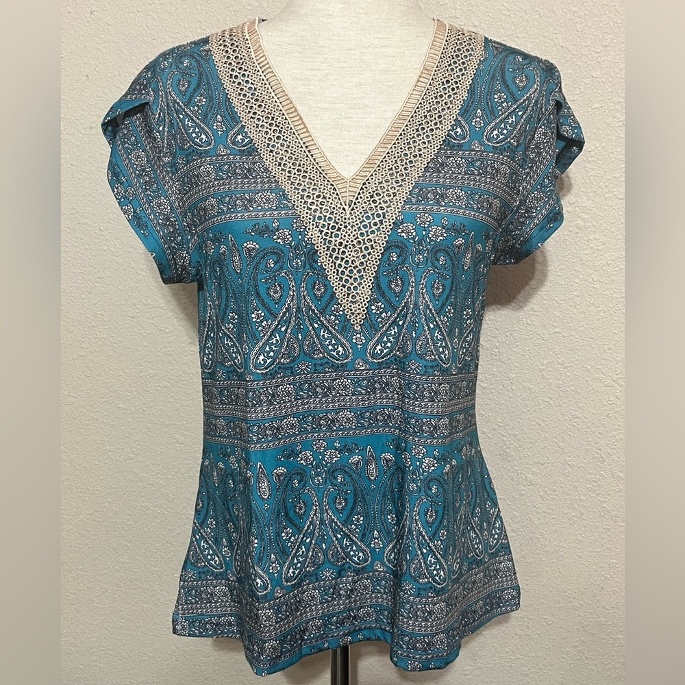ETCYY Paisley Floral All Over Print V Neck Short Petal Cap Sleeve Top